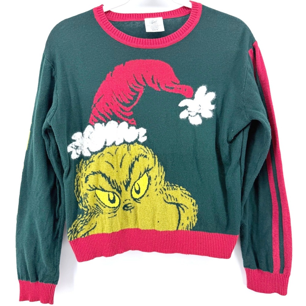 The Grinch Christmas Sweater Mens M Naughty Dr Seuss Santa Hat Knit Green 2019